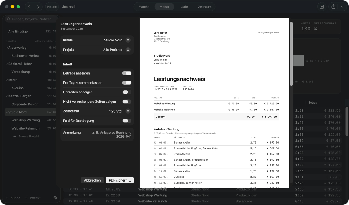 Der Dialog „Leistungsnachweis“: Kunde, Projekt, Zeitraum und Optionen für das PDF