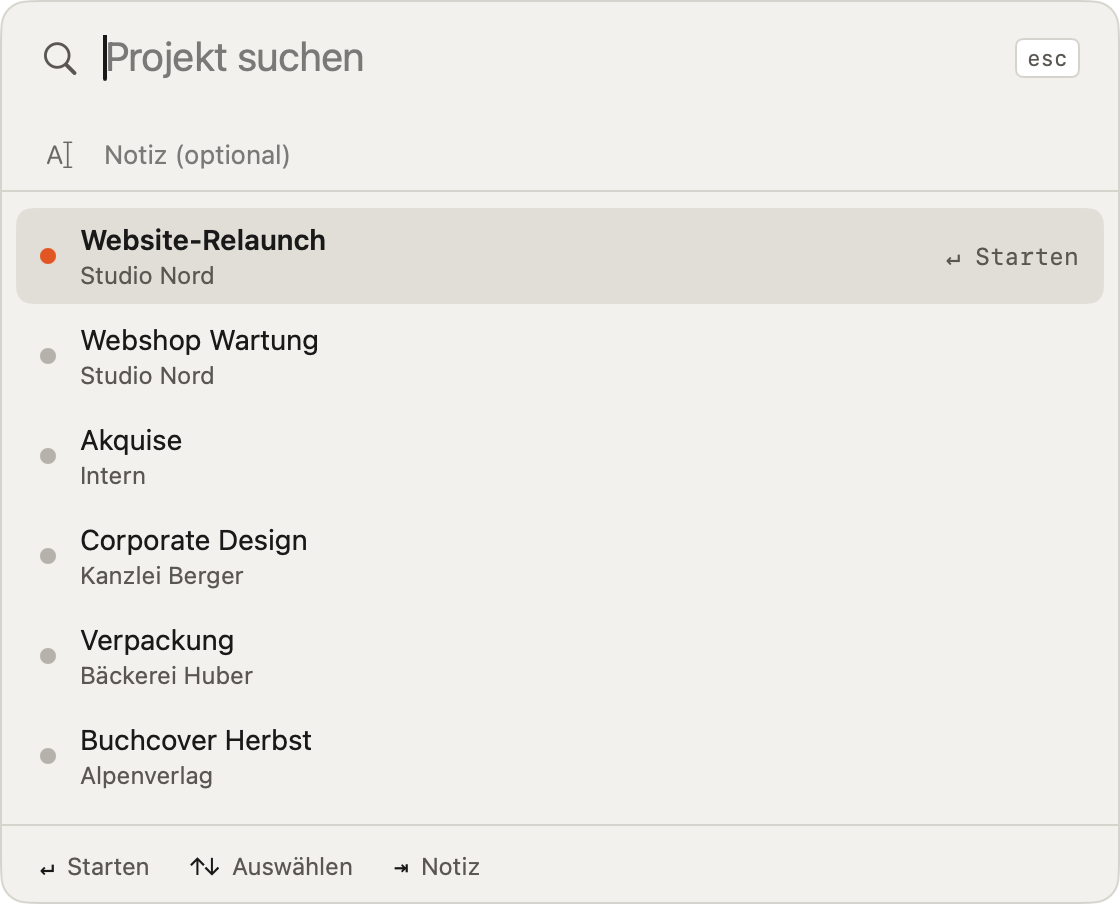 Der Projektwechsler: Suchfeld mit „we“, passende Projekte, Auswahl mit Pfeiltasten