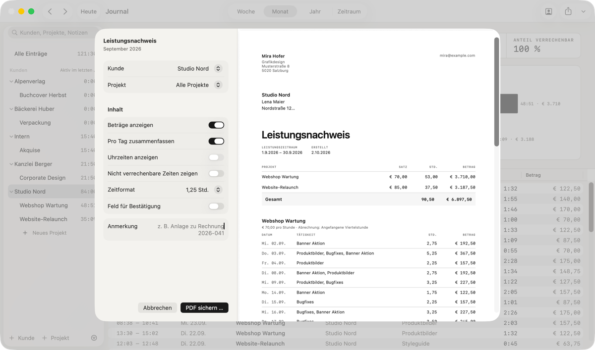 Der Dialog „Leistungsnachweis“: Kunde, Projekt, Zeitraum und Optionen für das PDF