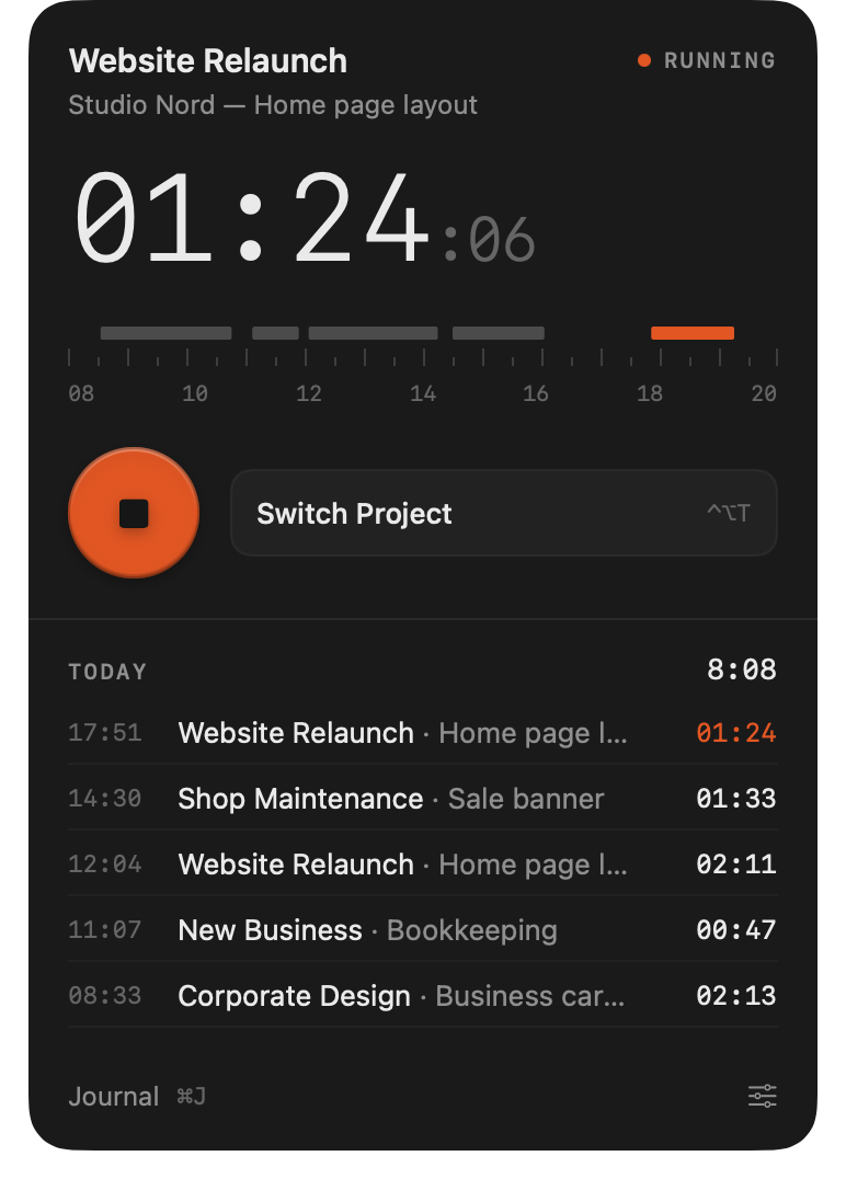 WerkTakt popover with running timer