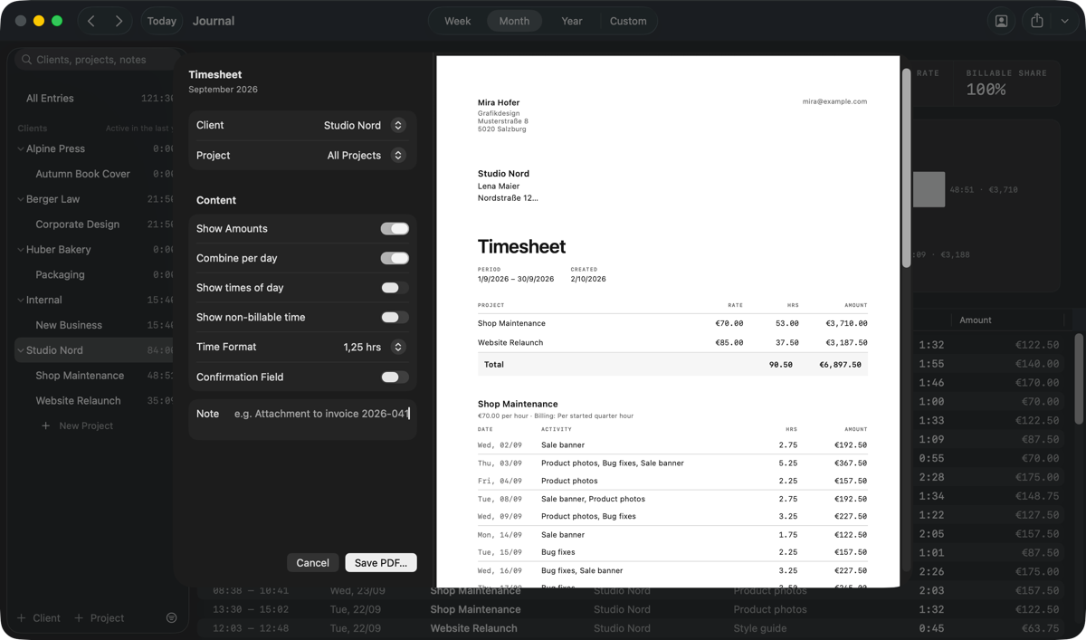 The timesheet dialog: client, project, period and PDF options
