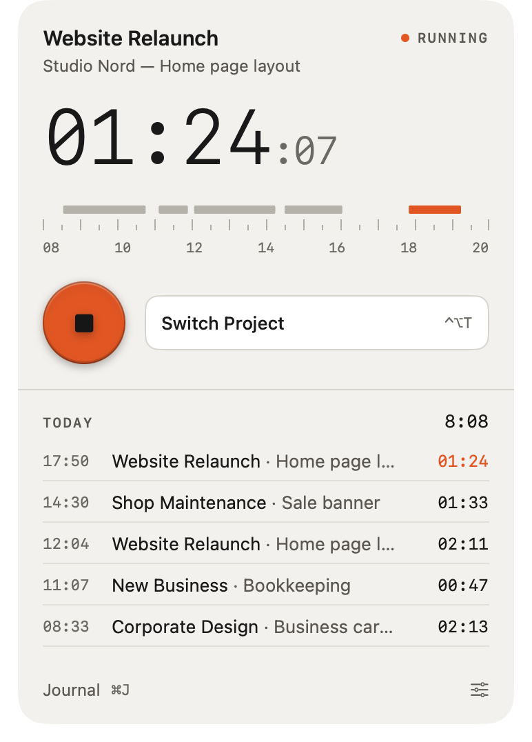 WerkTakt in the menu bar: running timer with day ruler