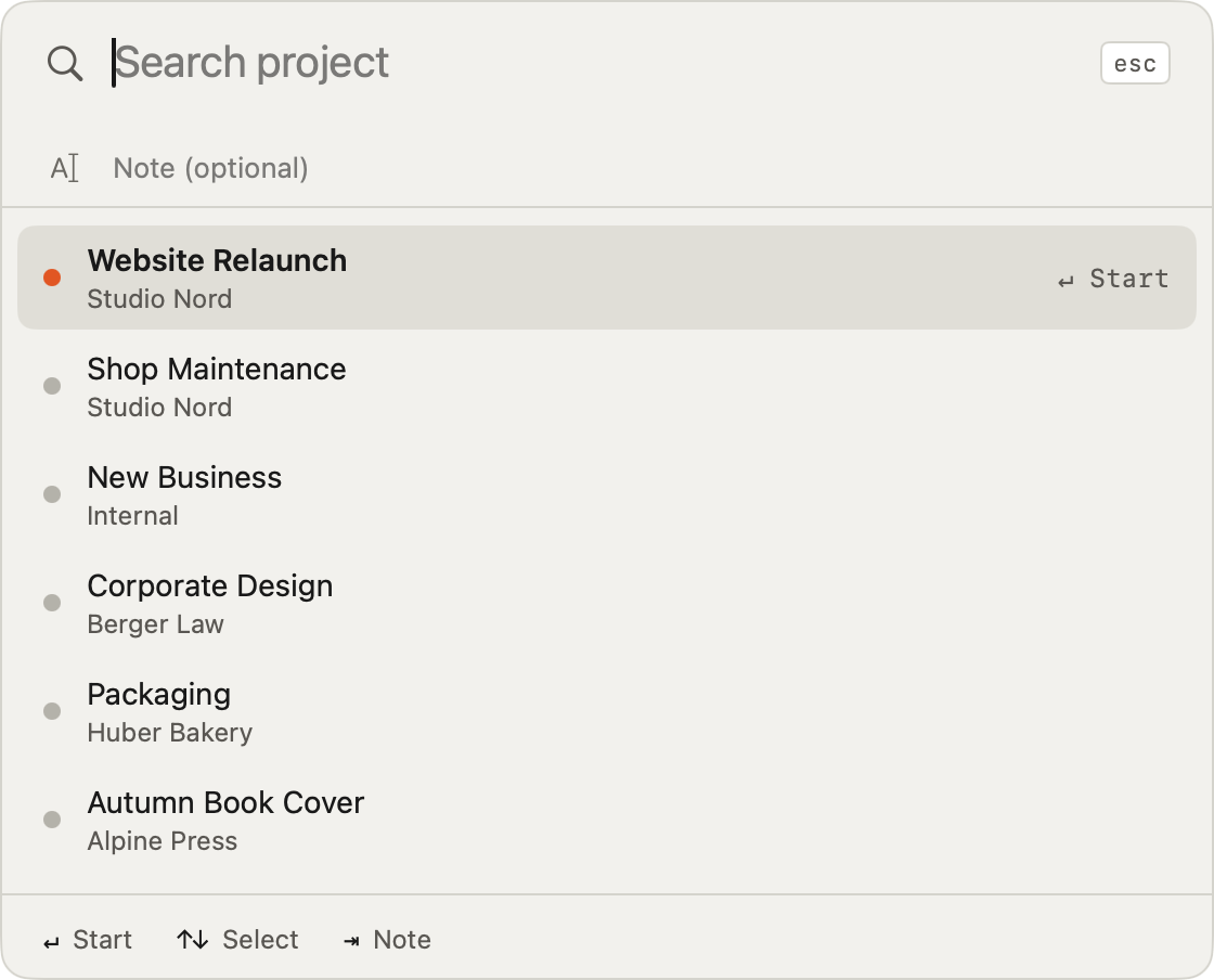 The project switcher: search field with “we”, matching projects, arrow-key selection