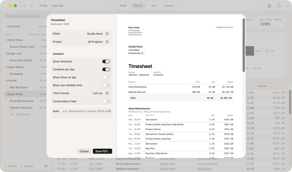 The timesheet dialog: client, project, period and PDF options